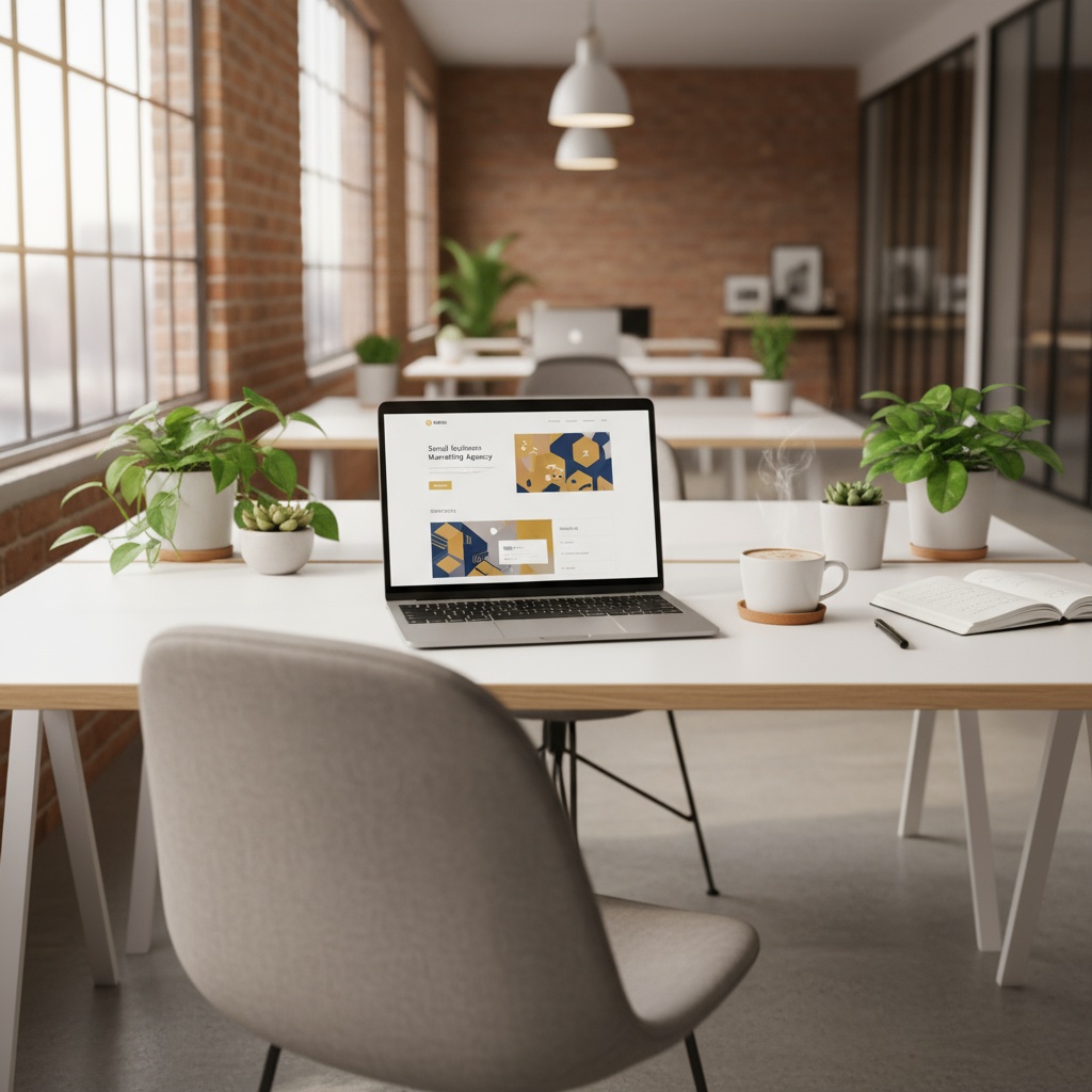 White office desk with green plants on the left and right of a computer and hot coffee. Office space with similar table in the back ground. 